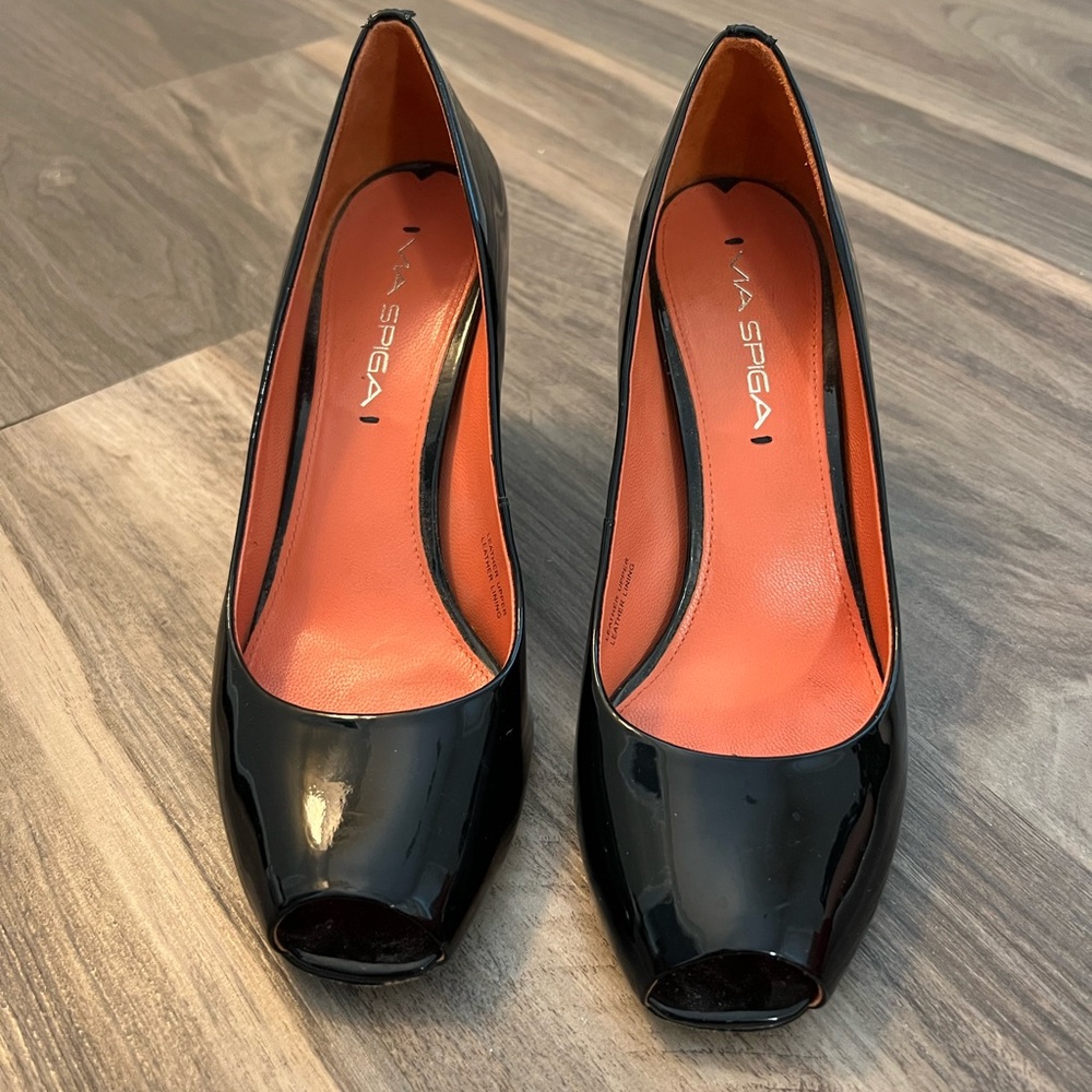 Via Spiga patent peep toe pumps
